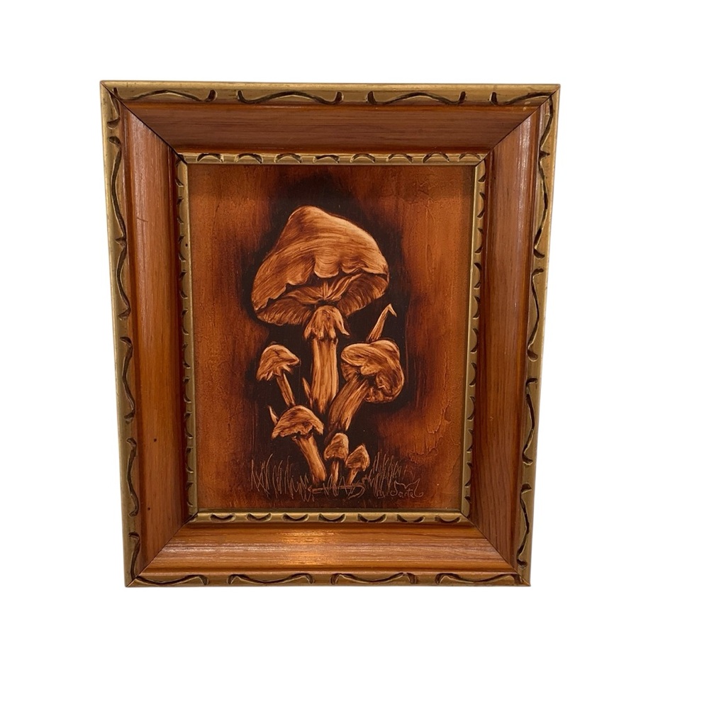 HANDMADE VINTAGE Small Wooden Mushroom Art Mexico Browns Gold-tone Trim